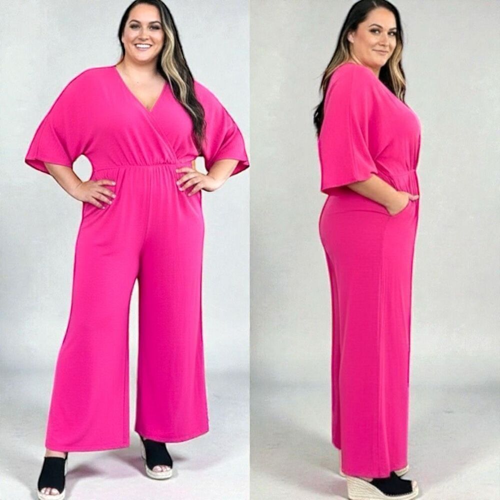 Hot Pink Surplice Wide Leg Dolman Sleeve Jumpsuit with Pockets NWT - Picture 4 of 14